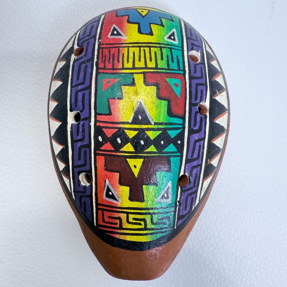 Southwestern Hand Painted‎ Ocarina Whistle Mask Multicolor Geometric Folk Art